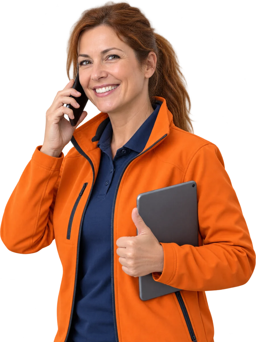 Dirigeante d'une entreprise d'installation solaire, veste orange, au téléphone, pouce levé, tablette.