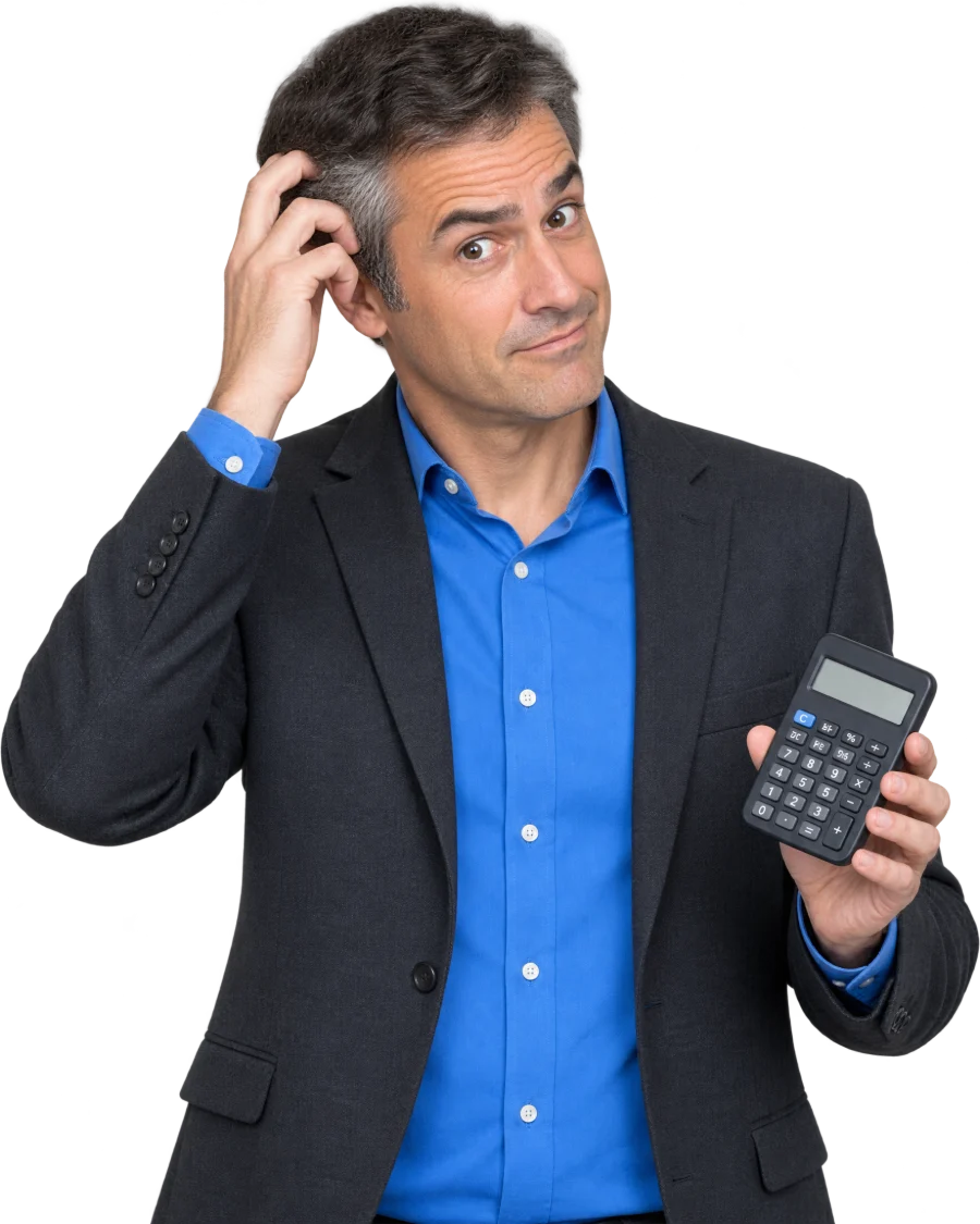 Avocat, blazer anthracite et chemise bleue, calculatrice en main, se gratte la tête.