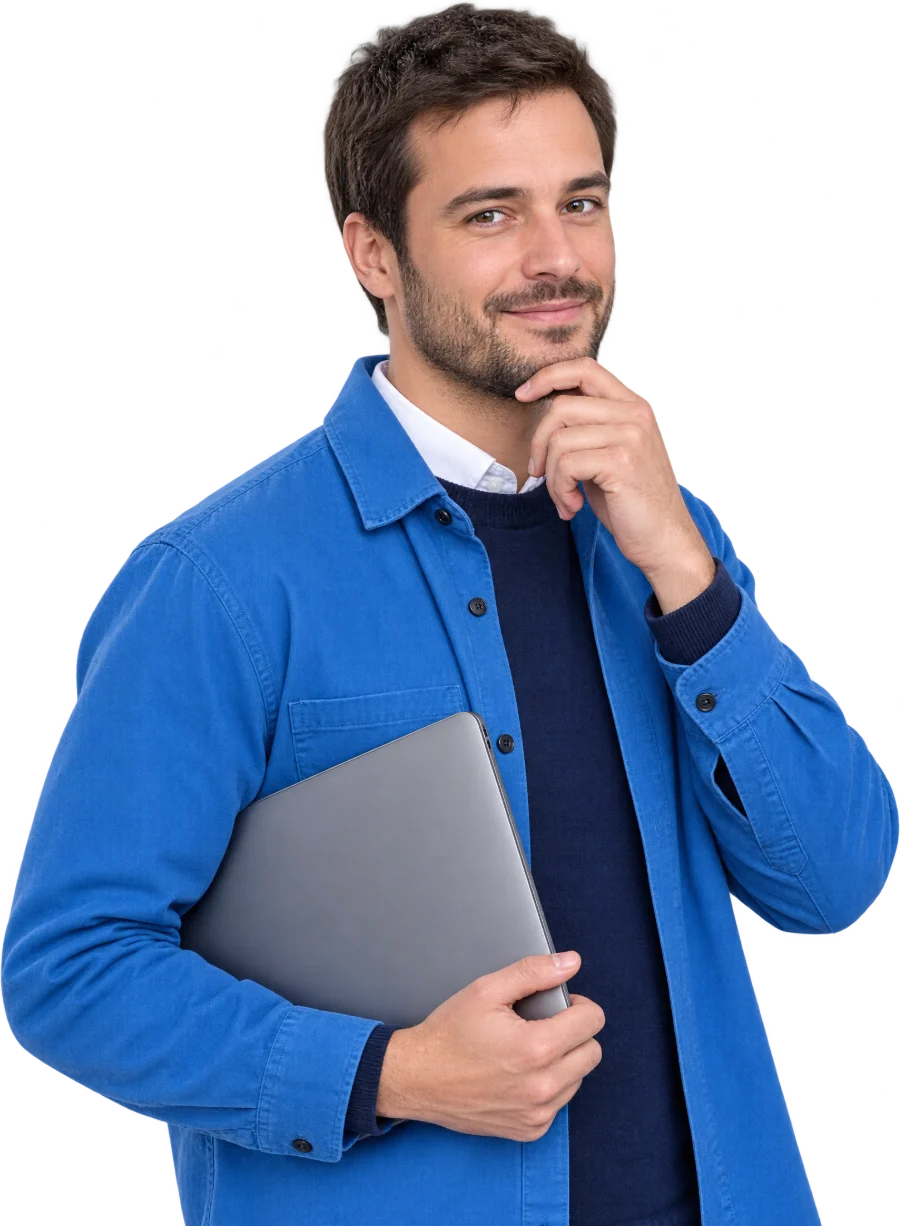 Fondateur d'un éditeur de logiciel, surchemise bleue, ordinateur sous le bras, main au menton.