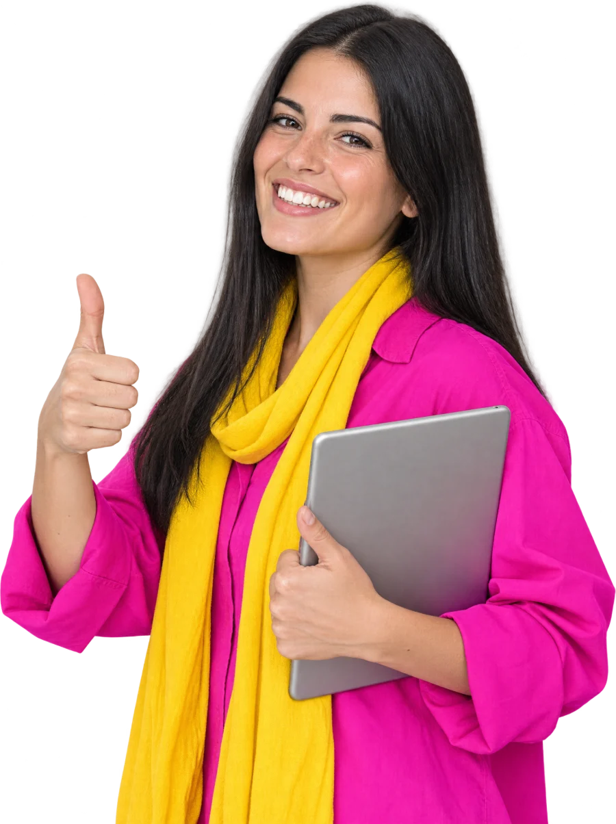 Fondatrice d'une marque, chemise rose et écharpe jaune, tablette contre elle, pouce levé.
