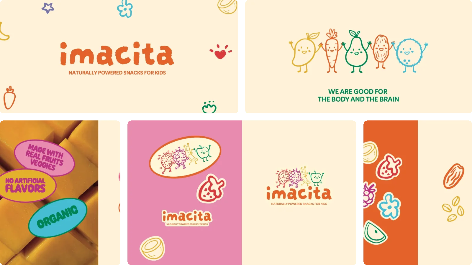 Moodboard Imacita : le logo, les mascottes fruits et légumes, les stickers et les illustrations