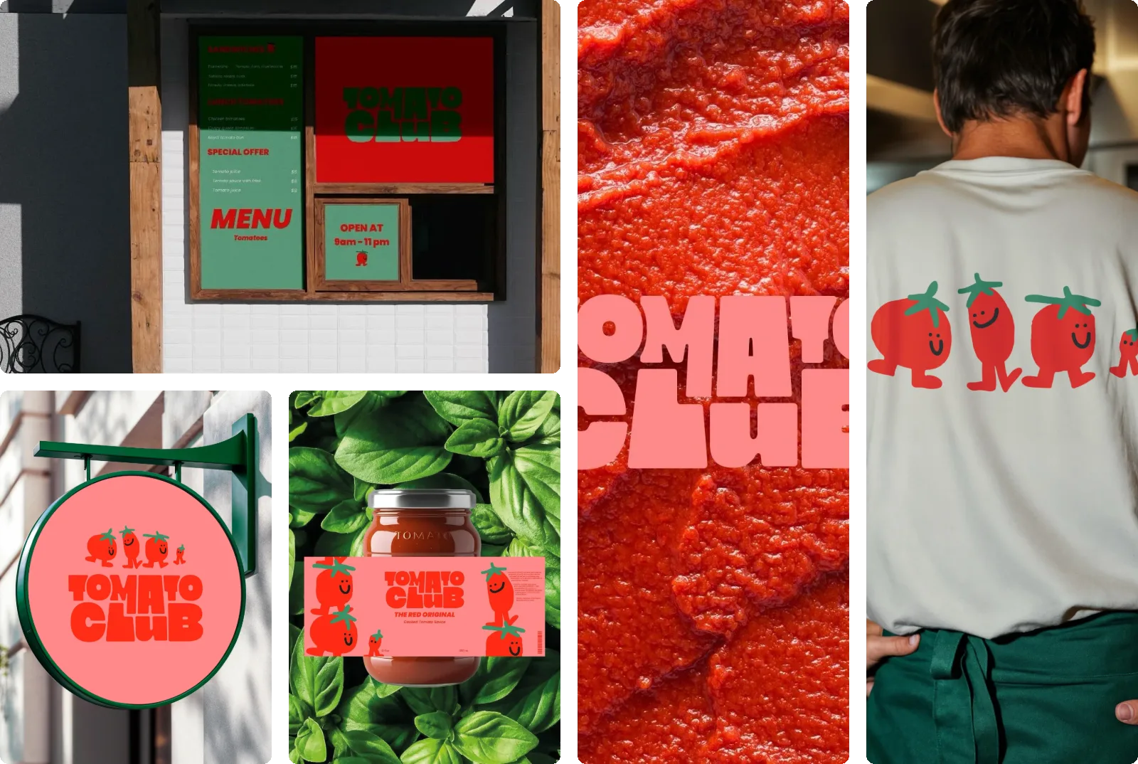 Moodboard Tomato Club : le kiosque, le logo sur un coulis de tomate, le t-shirt, l'enseigne et le bocal