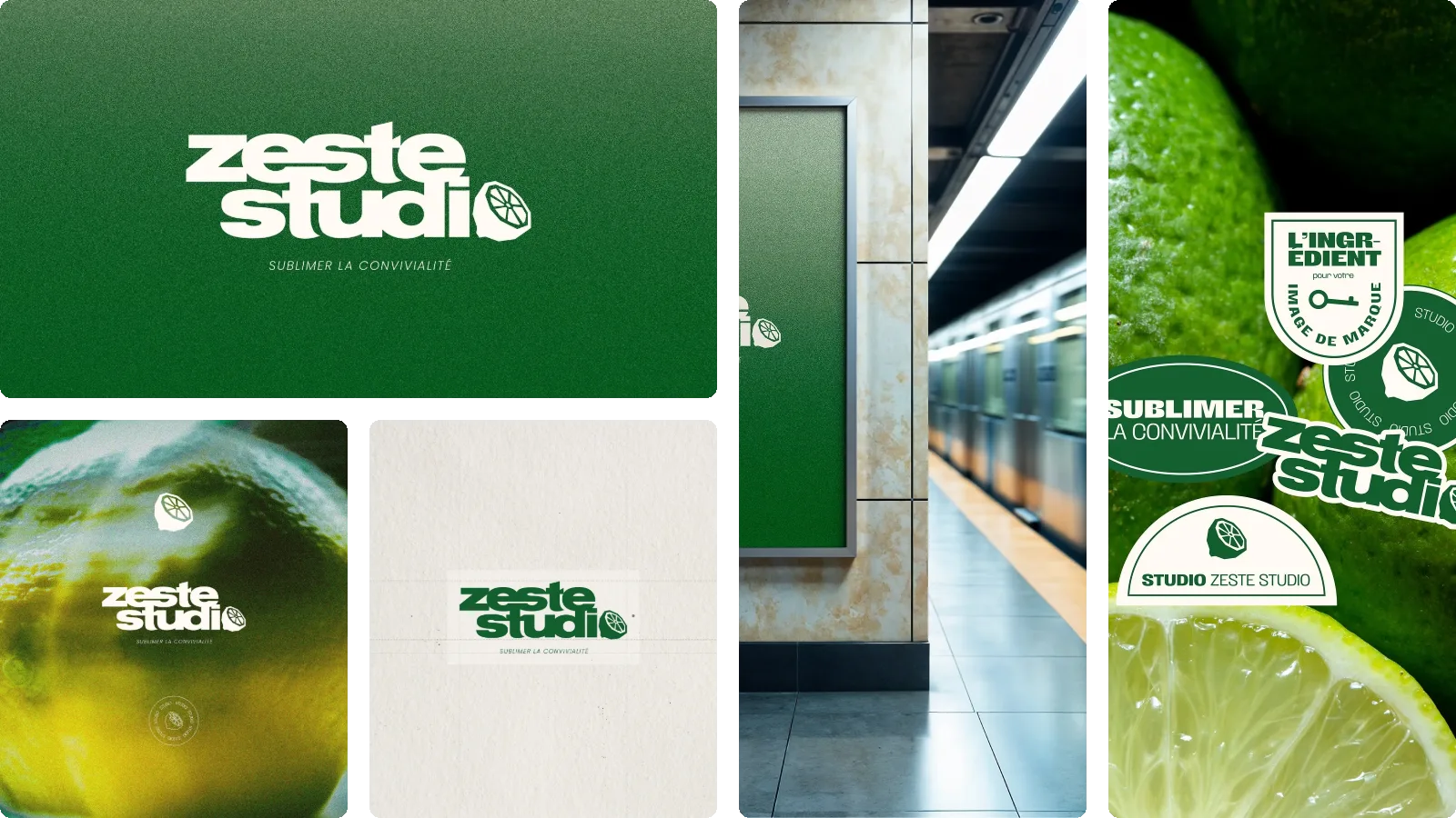 Moodboard Zeste Studio : le logo sur un dégradé vert, l'affiche dans le métro, les stickers et le citron vert