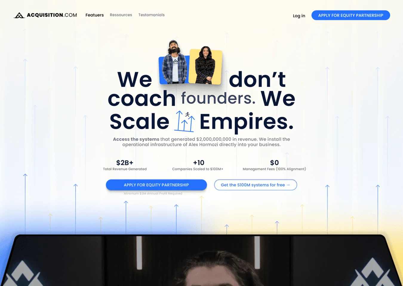 Page d'accueil du site Acquisition.com après refonte par Percer