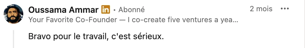 Commentaire LinkedIn d'Oussama Ammar saluant le travail de Percer