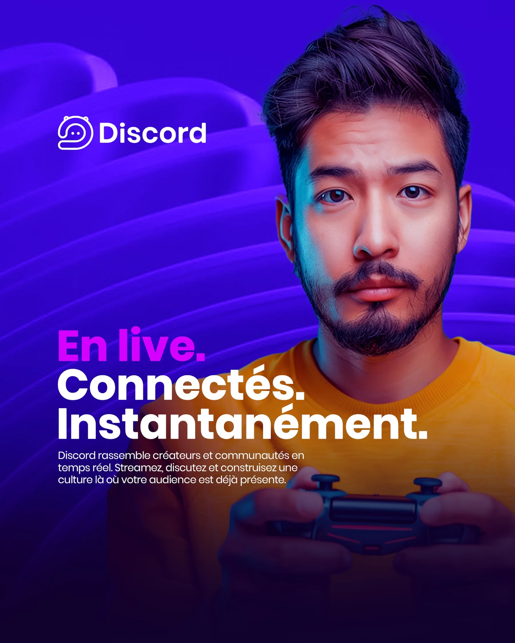 Une affiche « En live. Connectés. Instantanément. »
