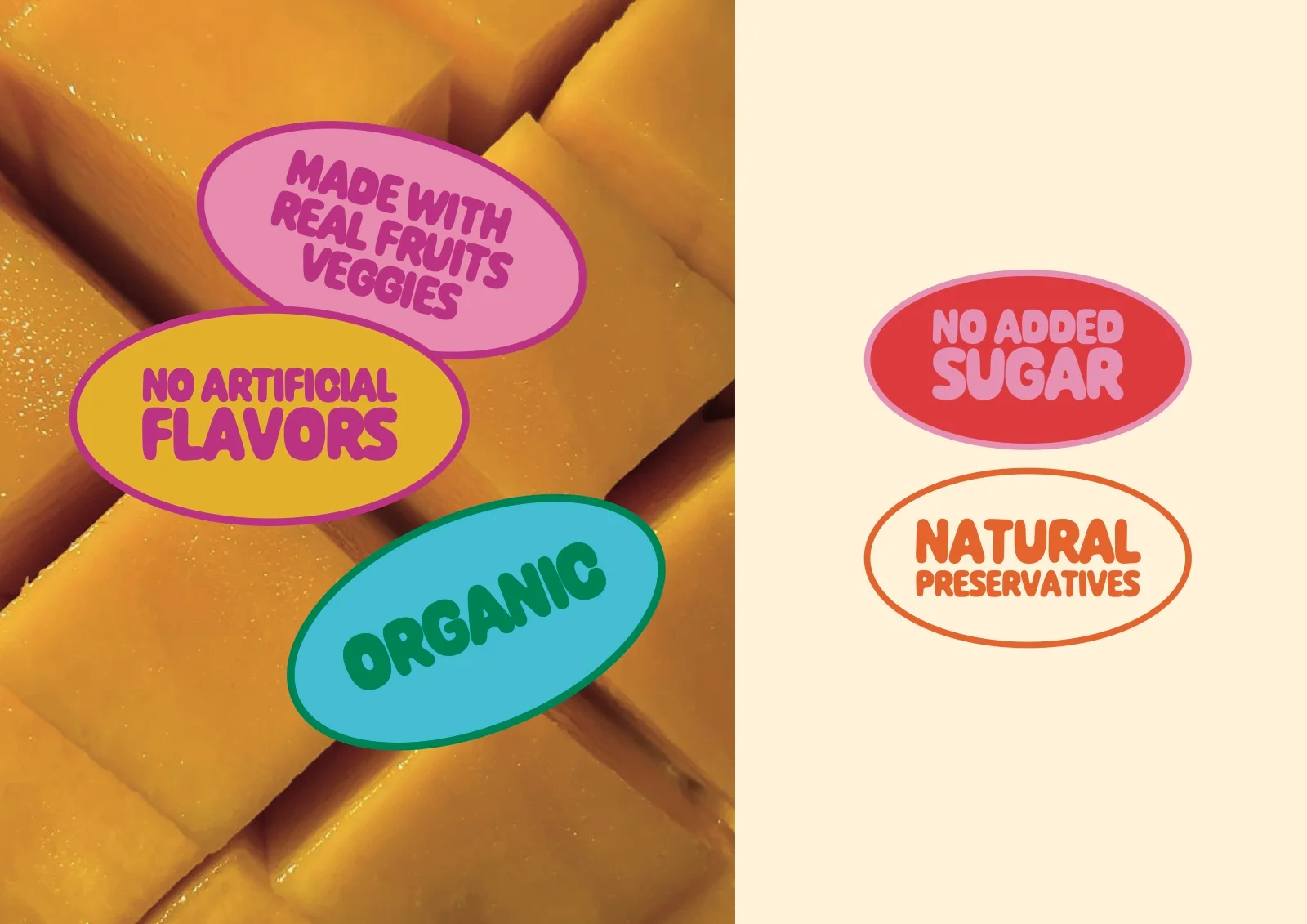 Les stickers « Made with real fruits », « No artificial flavors » et « Organic »