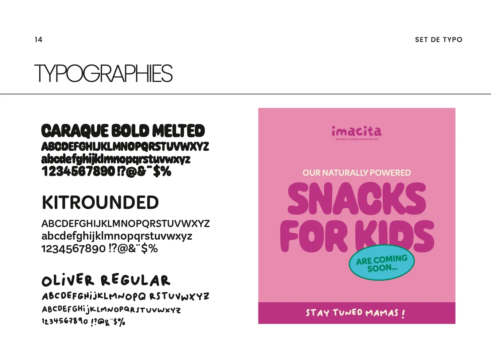 Le set de typographies et l'affiche « Snacks for kids »