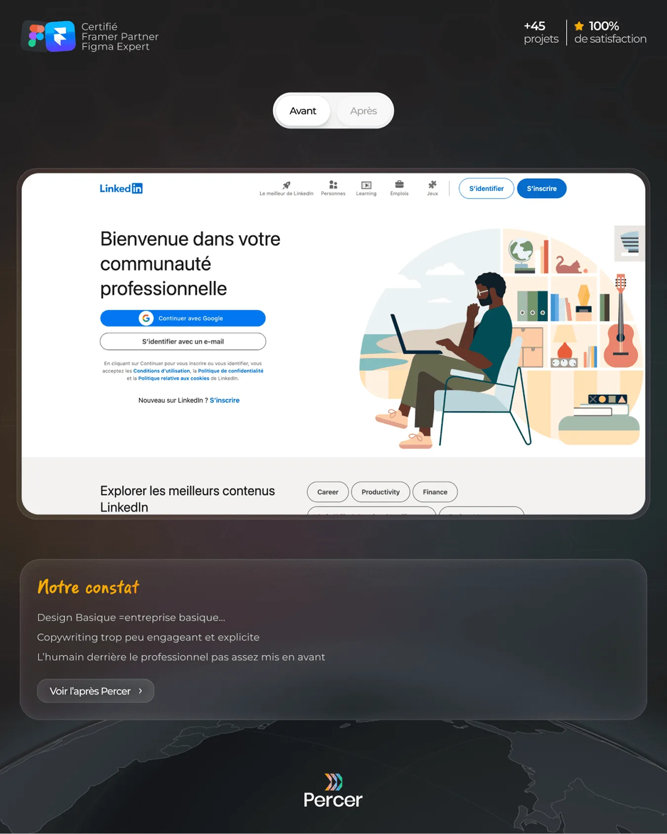 Comparatif avant / après du site LinkedIn avec le constat de Percer