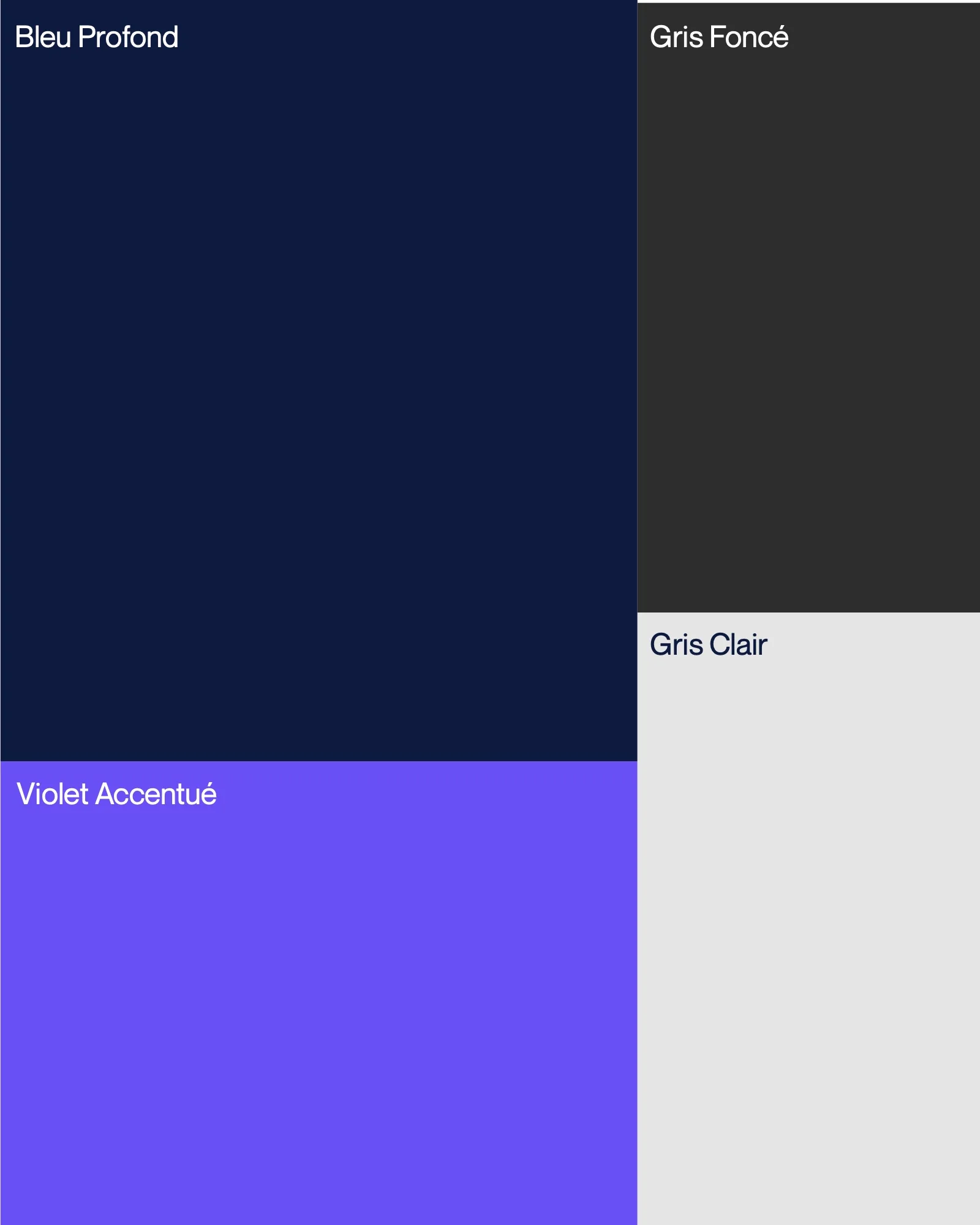 La palette : bleu profond, gris foncé, gris clair, violet accentué