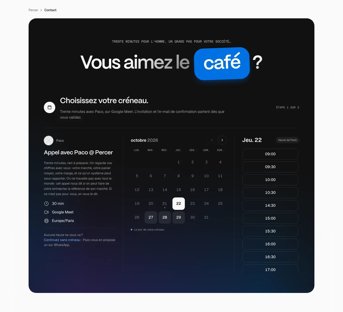 La page de contact Percer : choisir son créneau