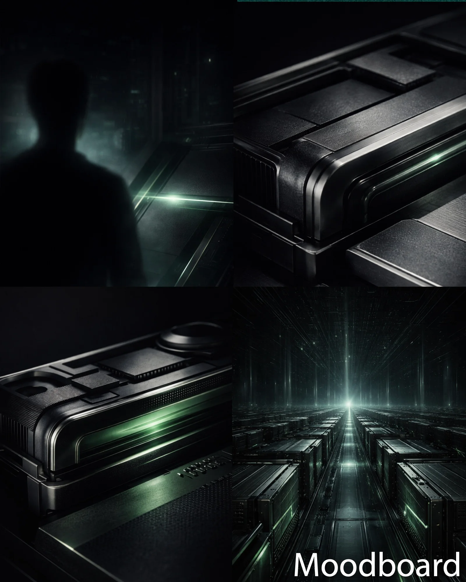 Le moodboard : matières sombres et reflets verts