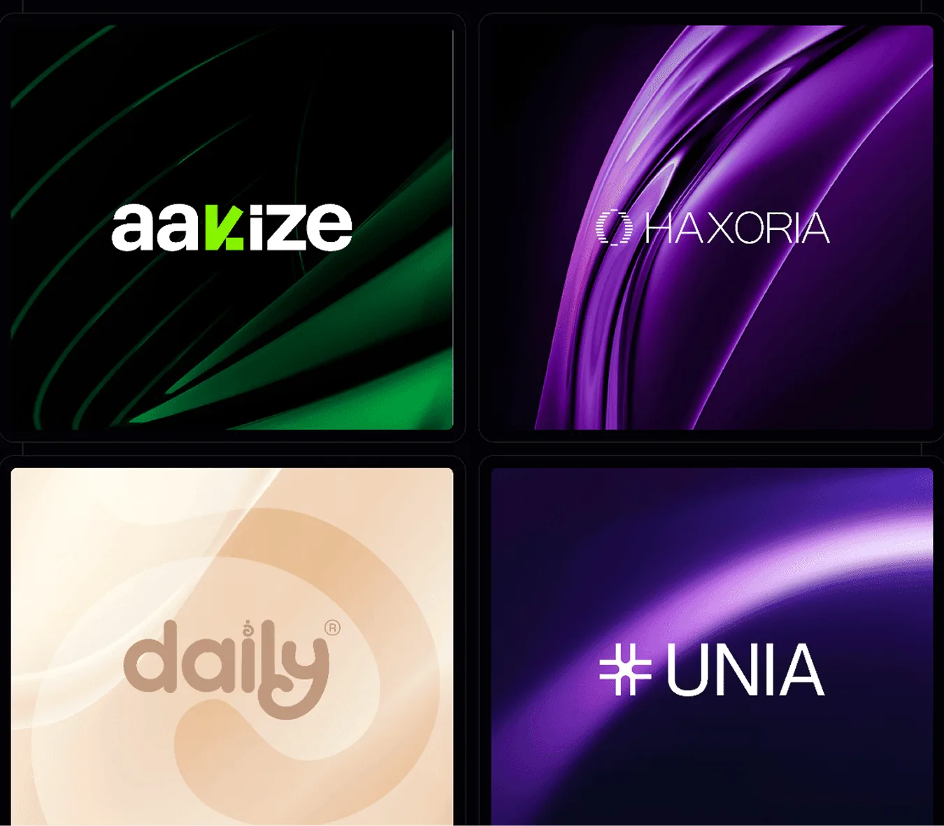 Sélection de logos clients réalisés par OST Agency : aakize, Haxoria, daily et UNIA