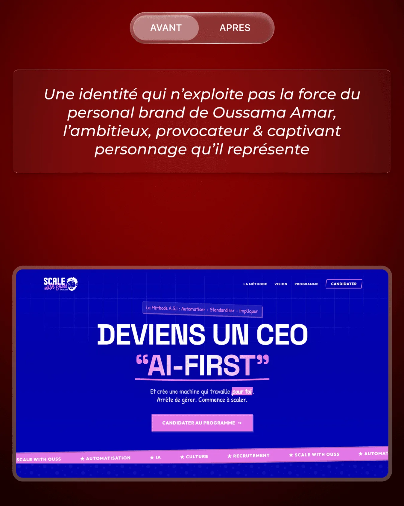 Comparatif avant / après du site Scale With Ouss avec le constat de Percer sur le personal brand d'Oussama Ammar