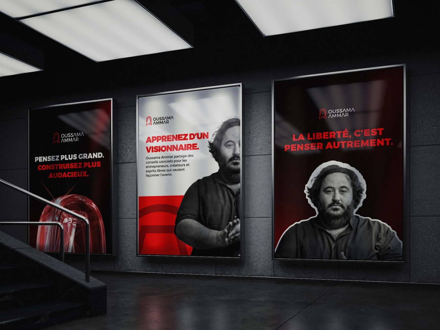 Trois affiches Oussama Ammar dans une galerie