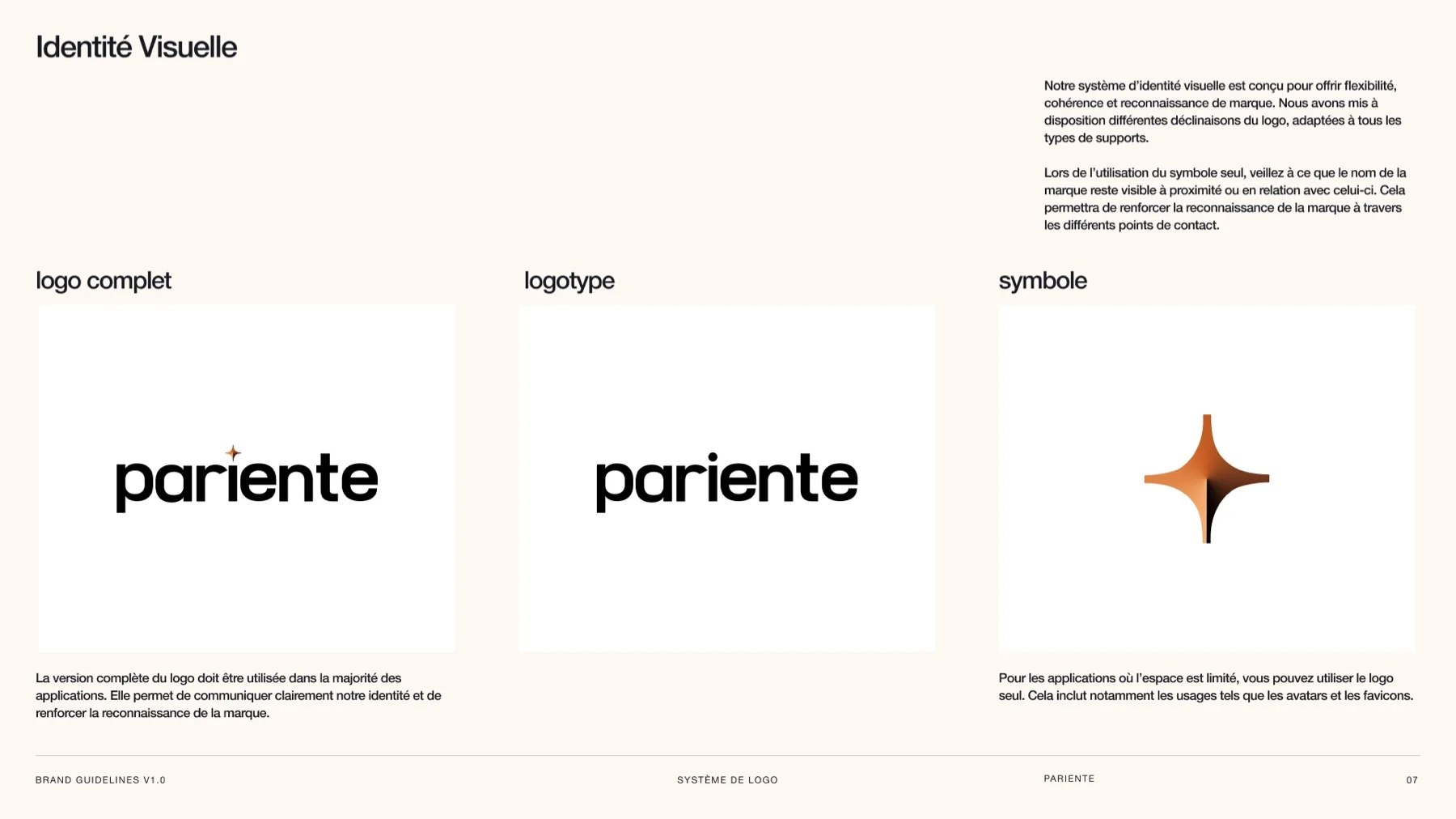 Le logo complet, le logotype et le symbole Pariente