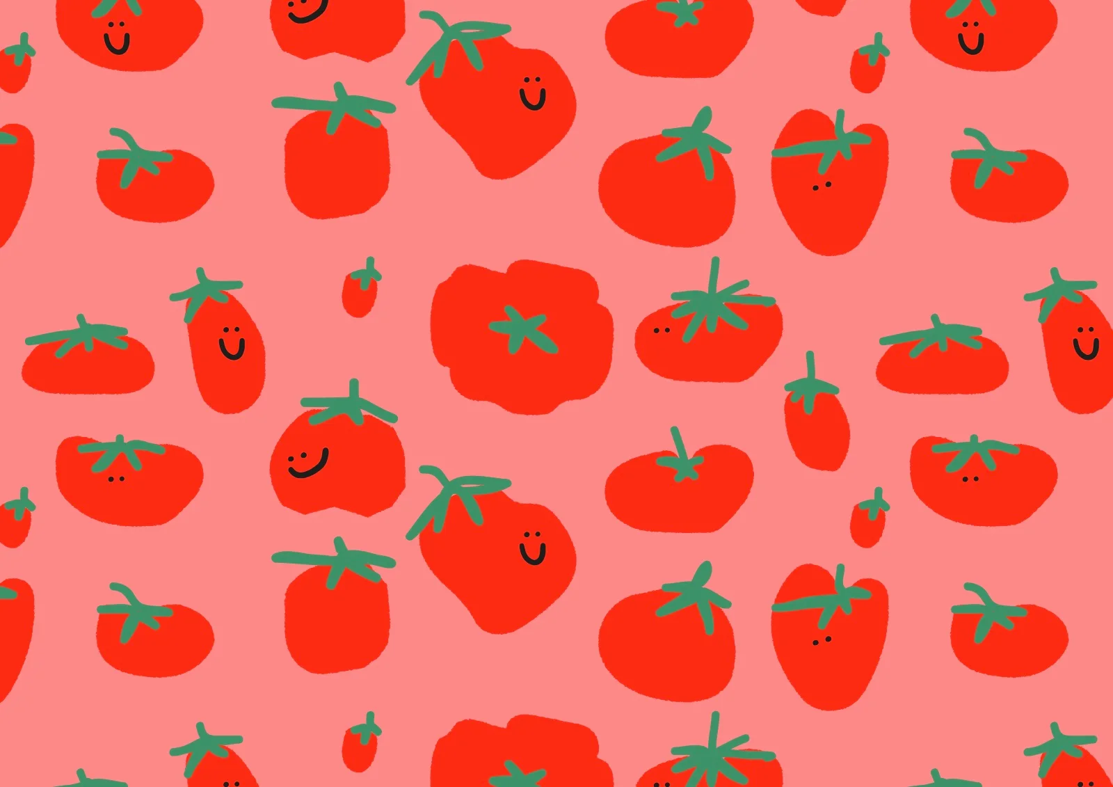Le motif Tomato Club : des tomates et leurs visages sur fond rose
