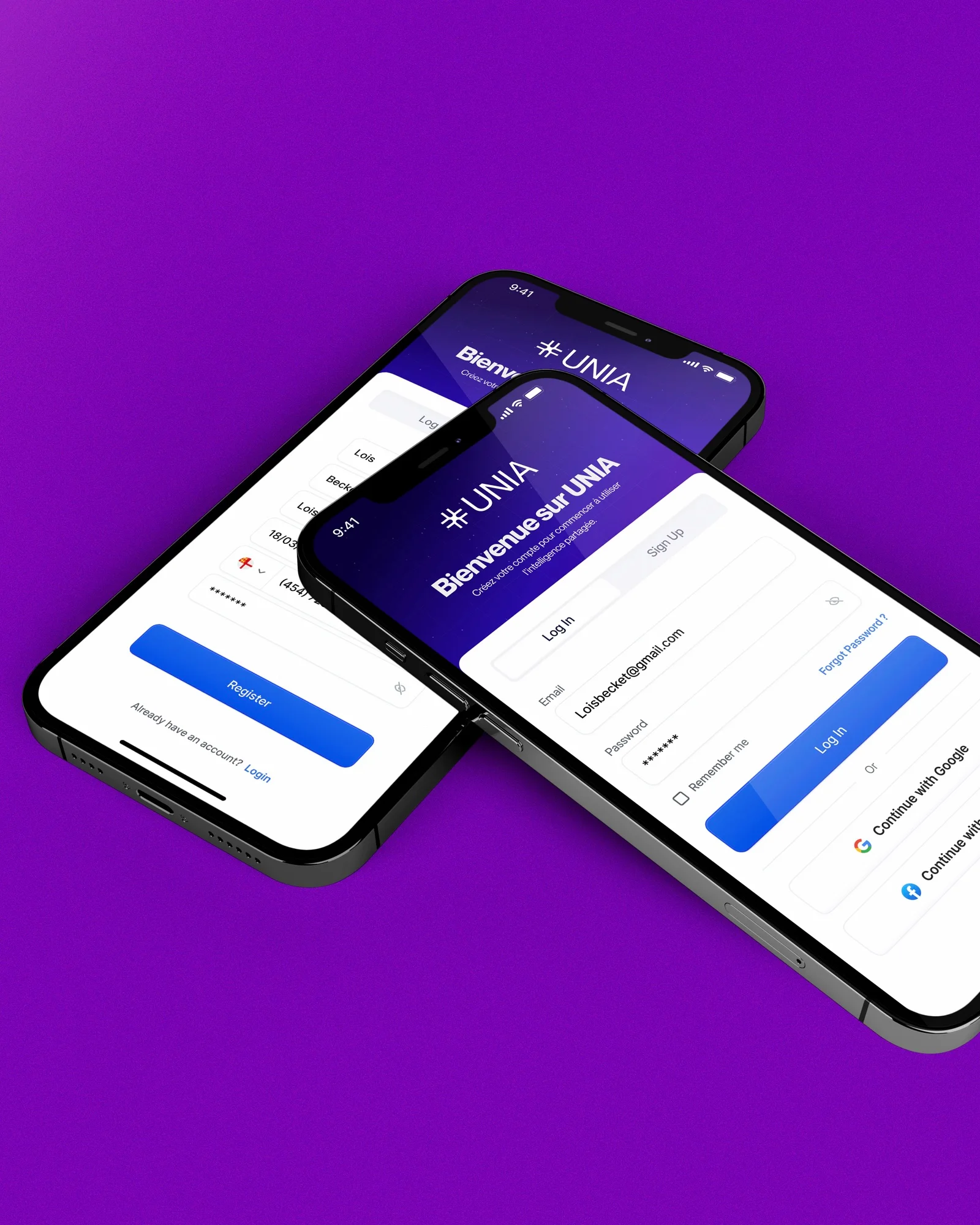 Deux écrans de l'application Unia