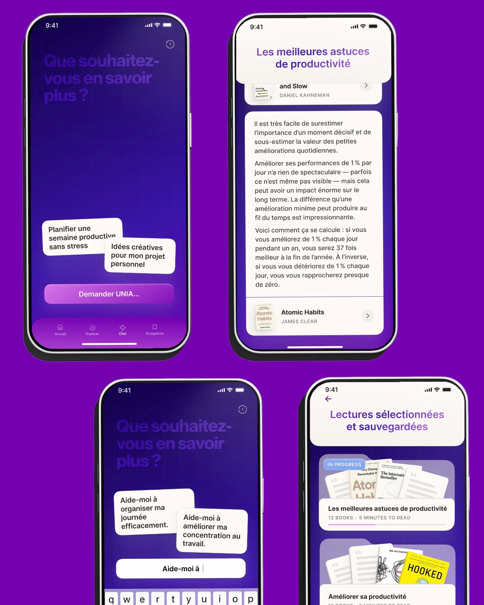 Quatre écrans de l'application Unia