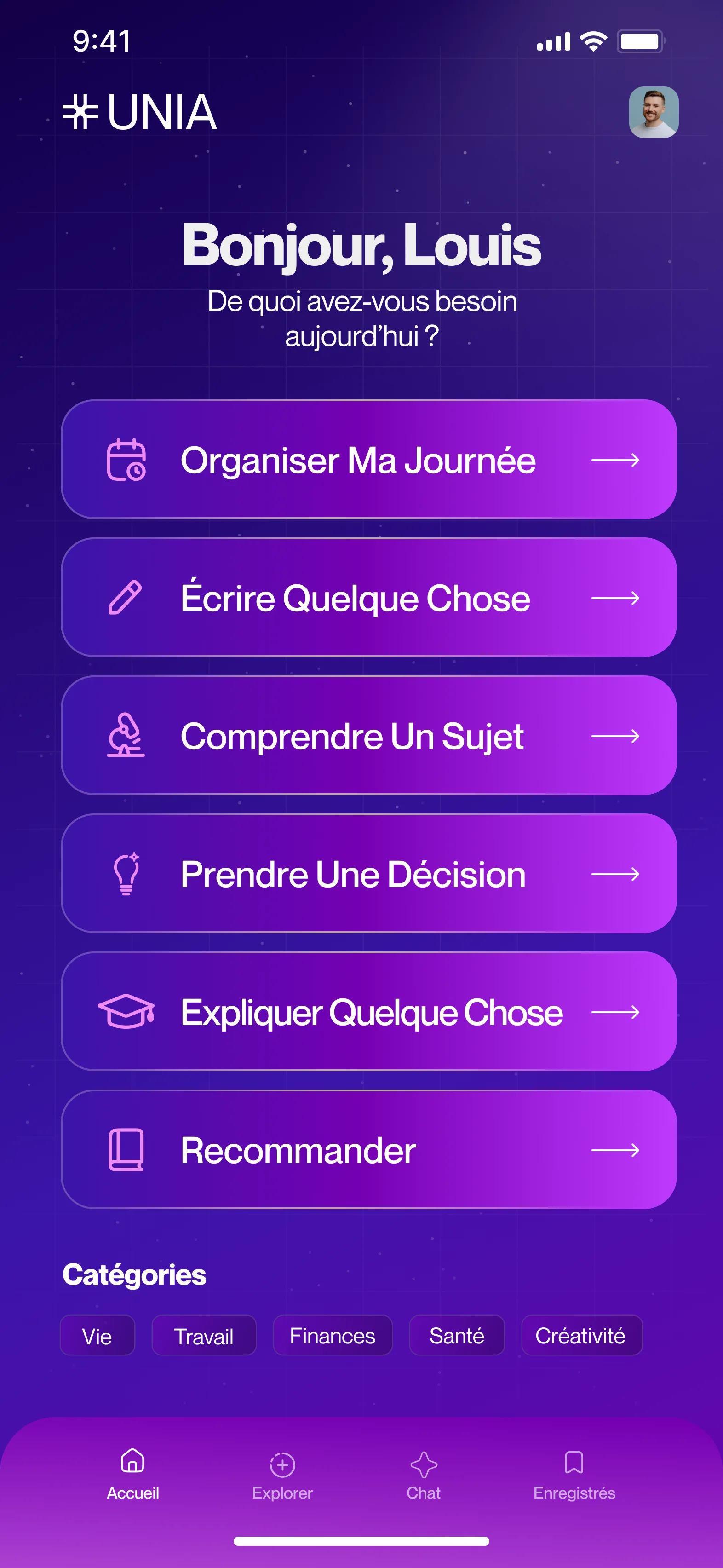 L'accueil de l'app
