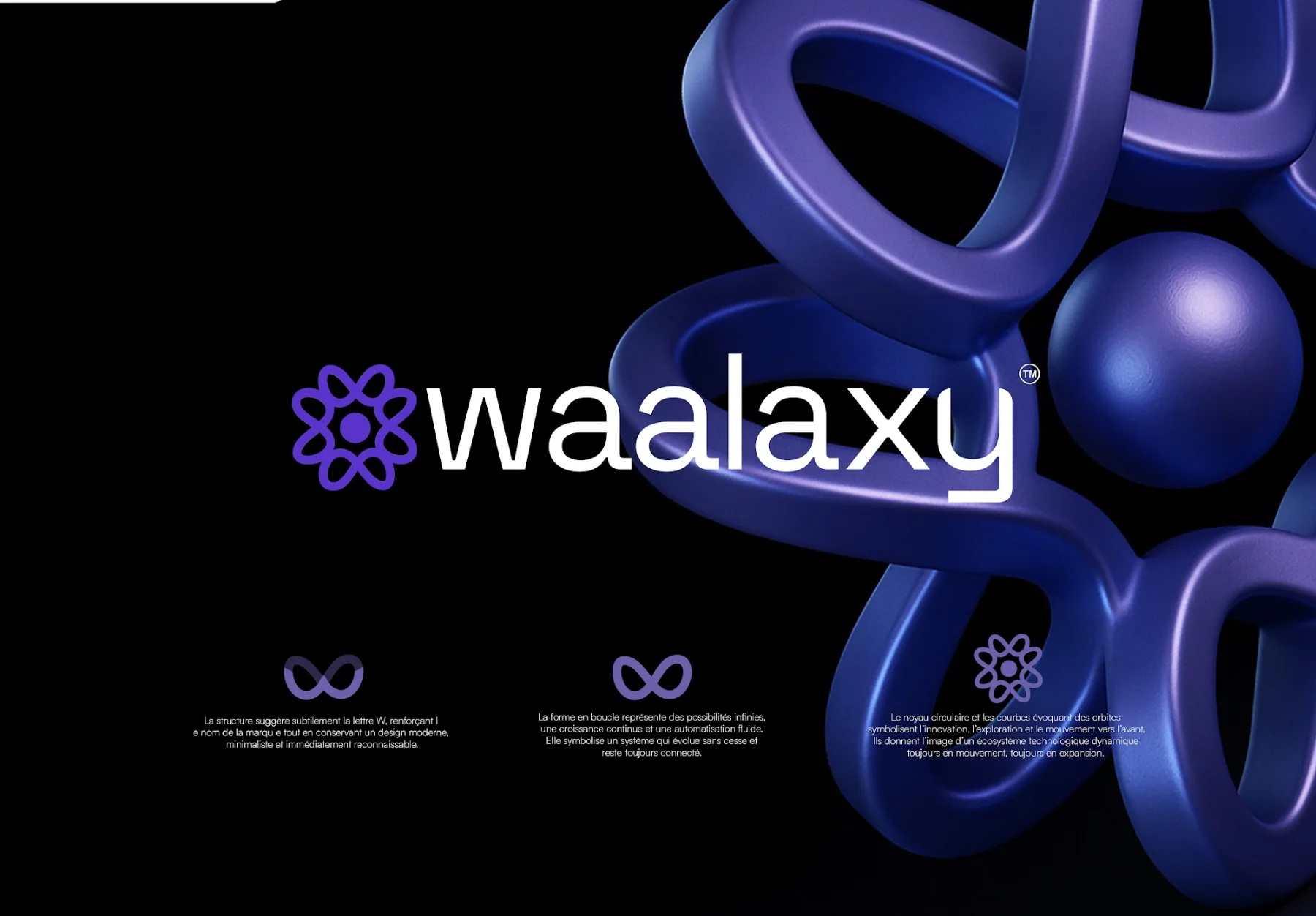 Le logo Waalaxy redessiné, devant un atome en volume