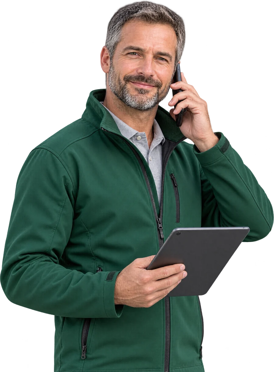 Le dirigeant d'une entreprise de rénovation au téléphone, tablette à la main